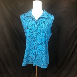 Croft & Barrow Blue Leaf-Print Sleeveless Button-Front Shirt Cotton Blend Large
